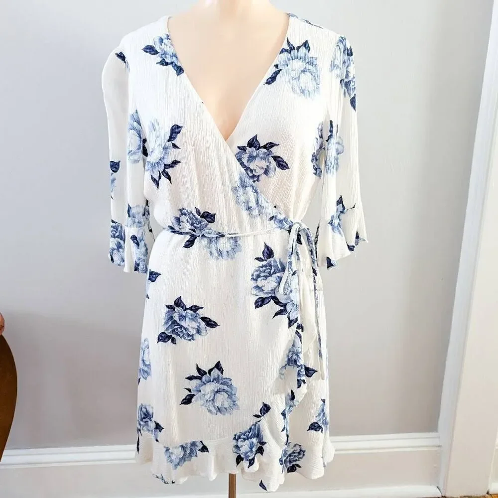 Lulus Pretty Peony Blue and White Floral Print Wrap Dress